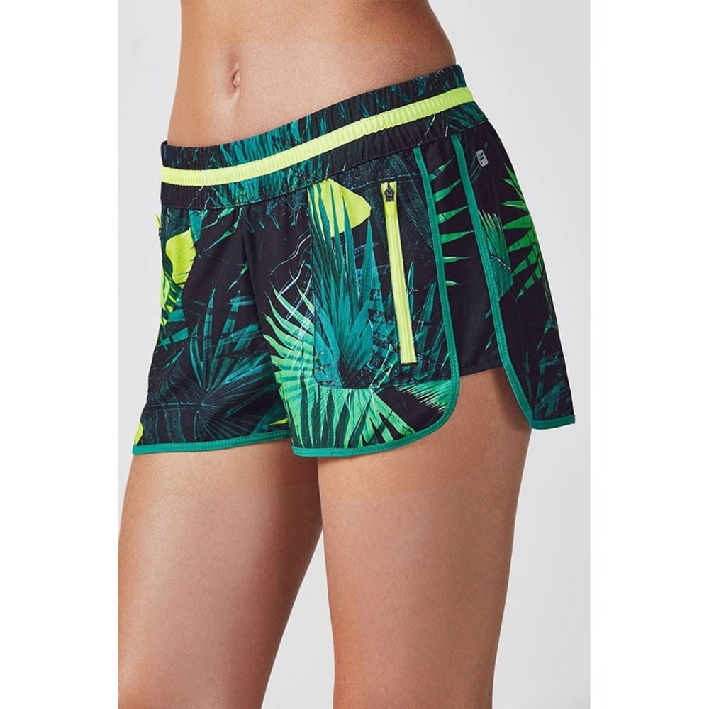 Fabletics Tyson Shorts in a Rainforest Print with neon accents